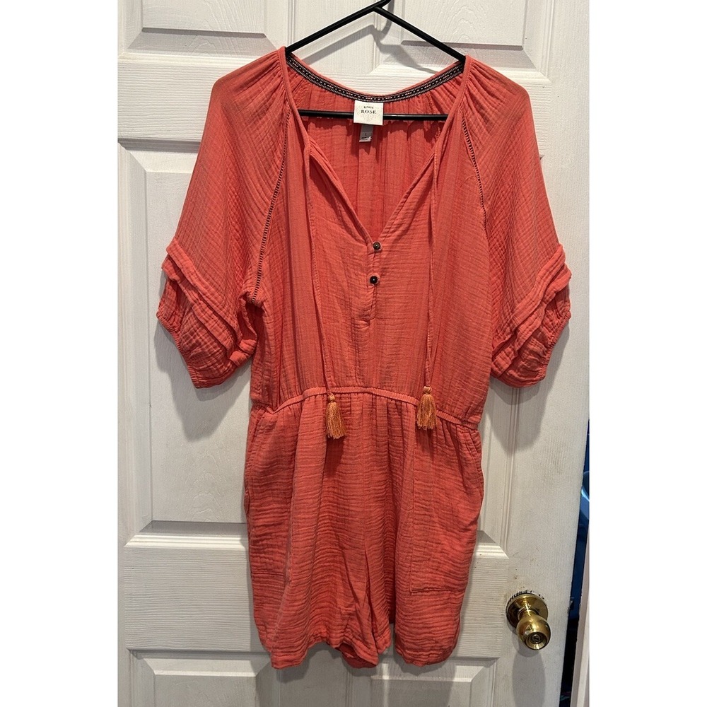 Knox Rose‎ Womens Large Coral Pink Gauze Boho Romper Tassel Tie Ruffle Sleeve L